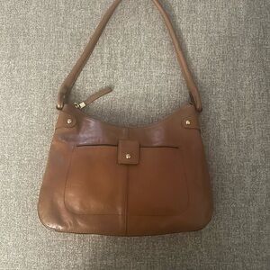 vintage Monsac-style cognac Italian leather shoulder bag